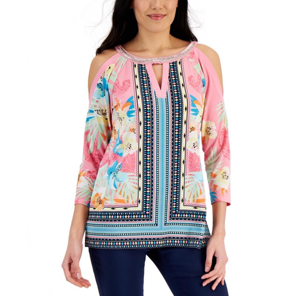 JM Collection Womens Mixed Print Cold Shoulder Top